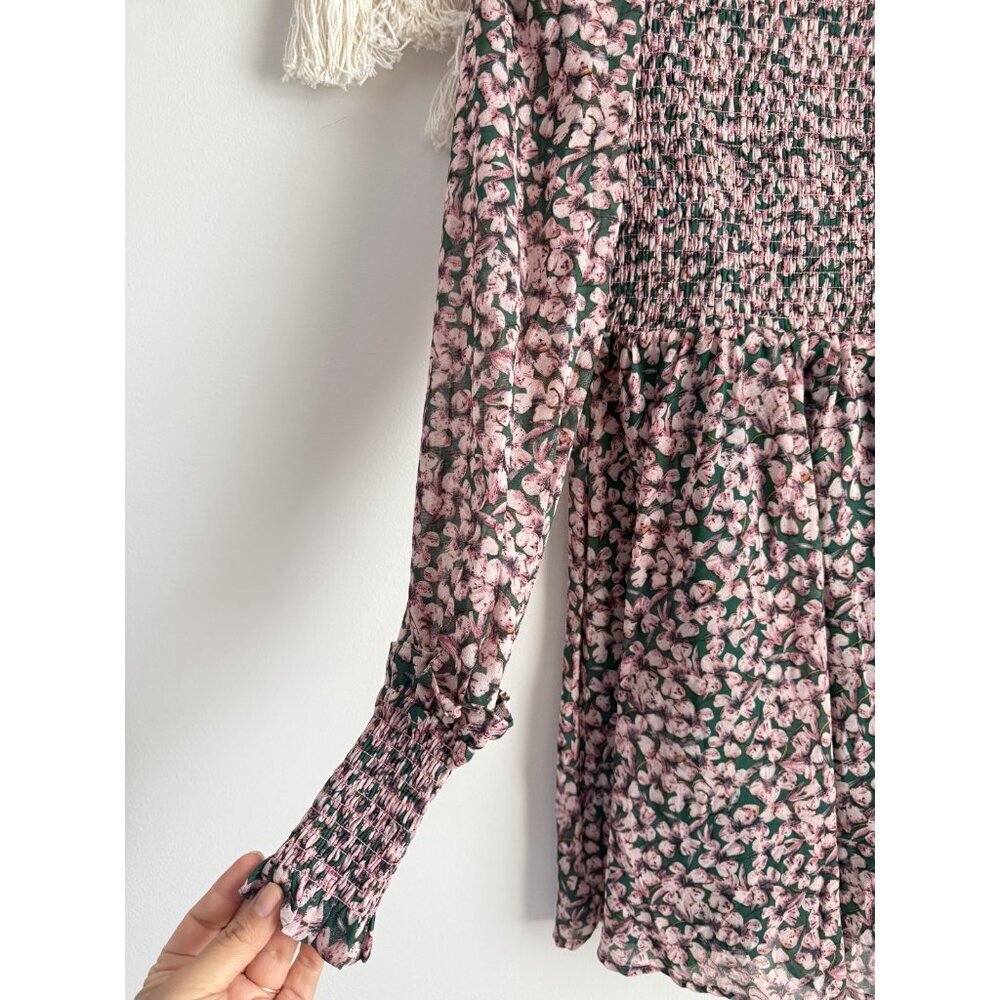 Lulus Floral Forever Green Pink Smocked Skater Mini Dress Coquette Cottage Fairy - Picture 4 of 11